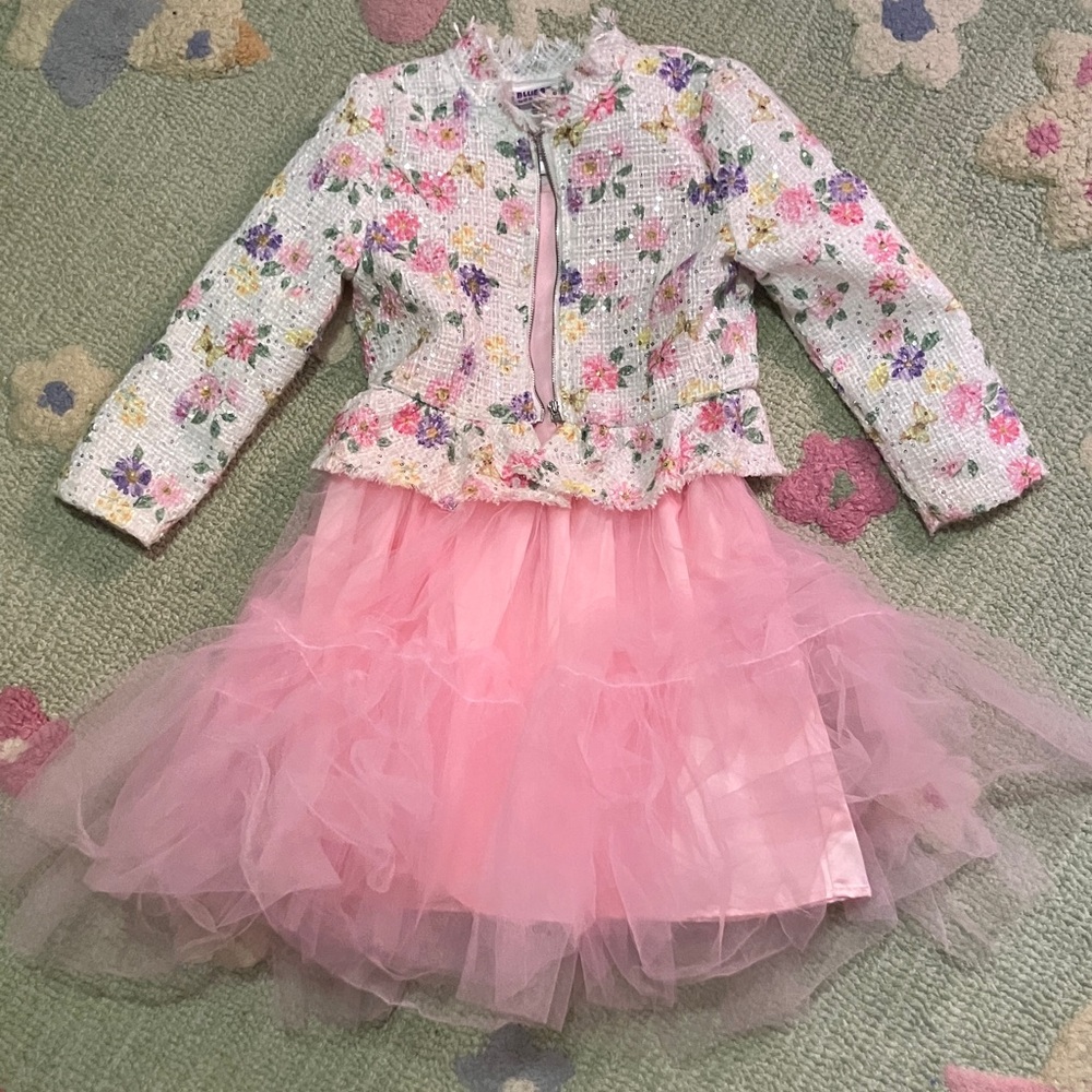 Blueberi Boulevard Girl’s Floral Jacket with Pink Tulle dress